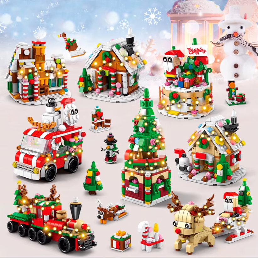 Christmas village lit up with fairy lights