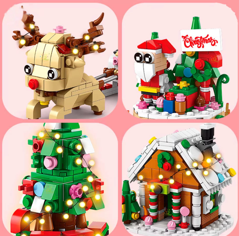 Reindeer, Santa, tree and gingerbread house close-ups